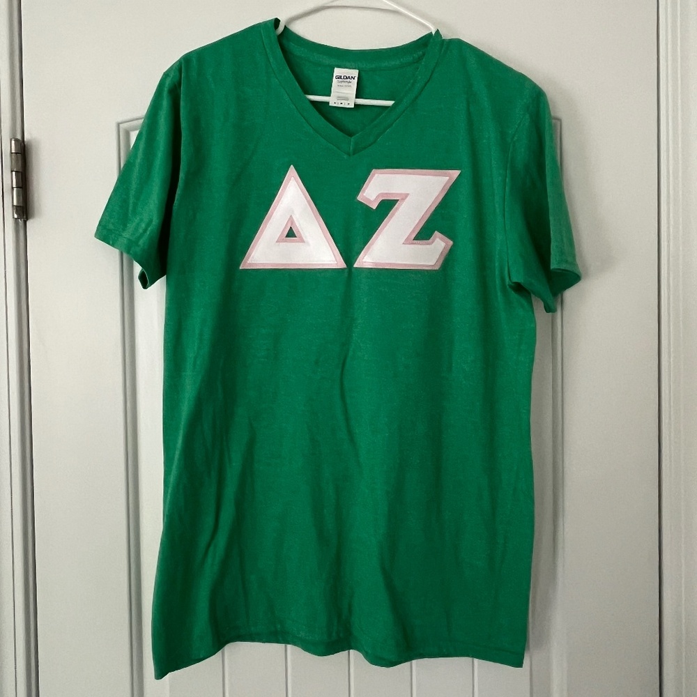 Pink & Green Delta Zeta V-Neck Stitch